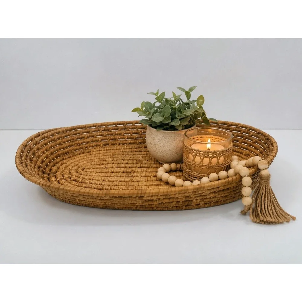 Woven Basket Tray Oval Natural Fiber Rustic Boho Farmhouse Decor